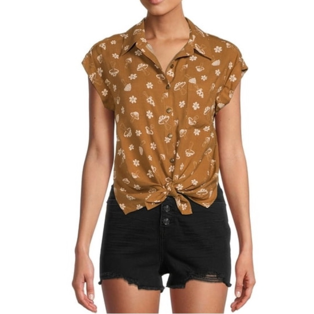 Brown Retro Floral Mushroom Tie Front Camp Shirt Large No Boundariesโ festival